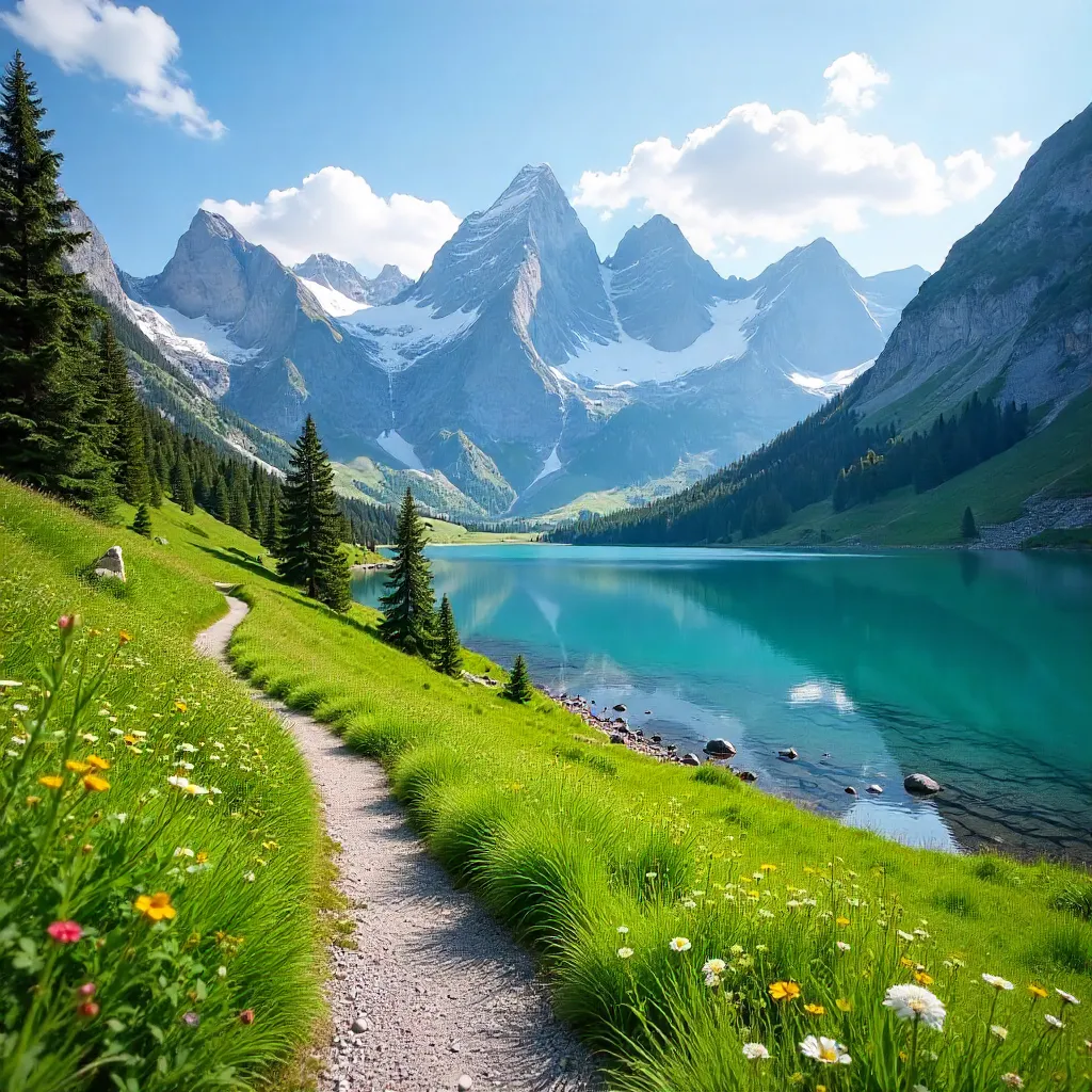 Alpine Serenity: Green Valleys and Pristine Lake