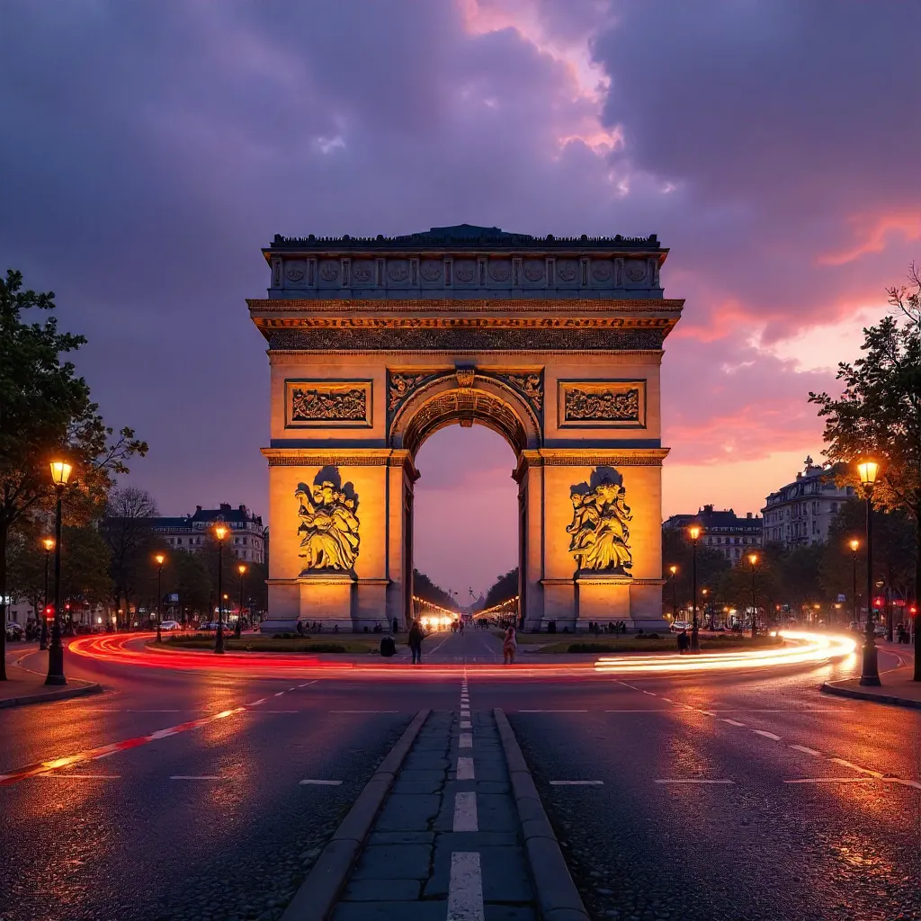 Dusk at the Arc de Triomphe: Motion-Blurred Traffic