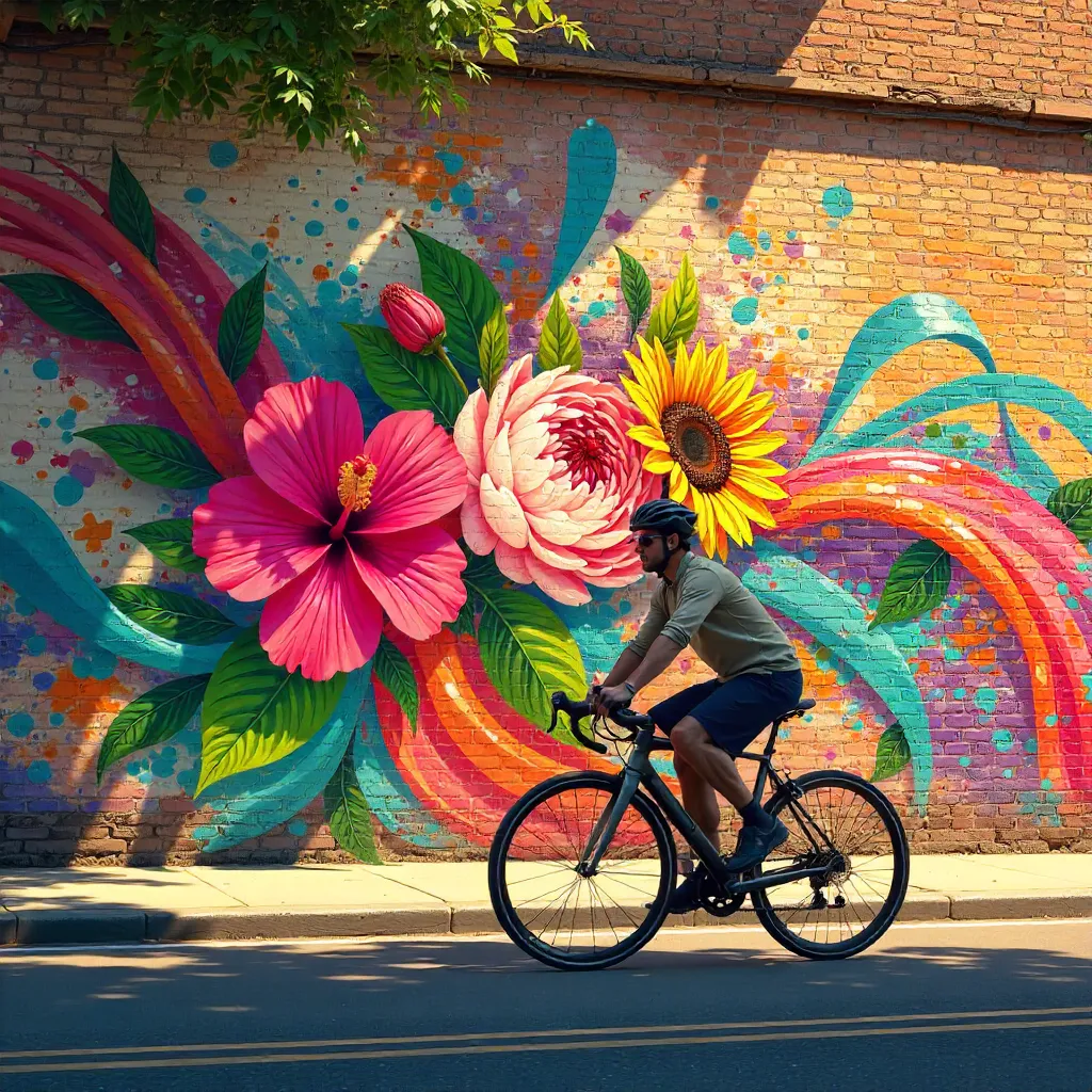 Cyclist Zooming Past a Flowerful Abstract Mural