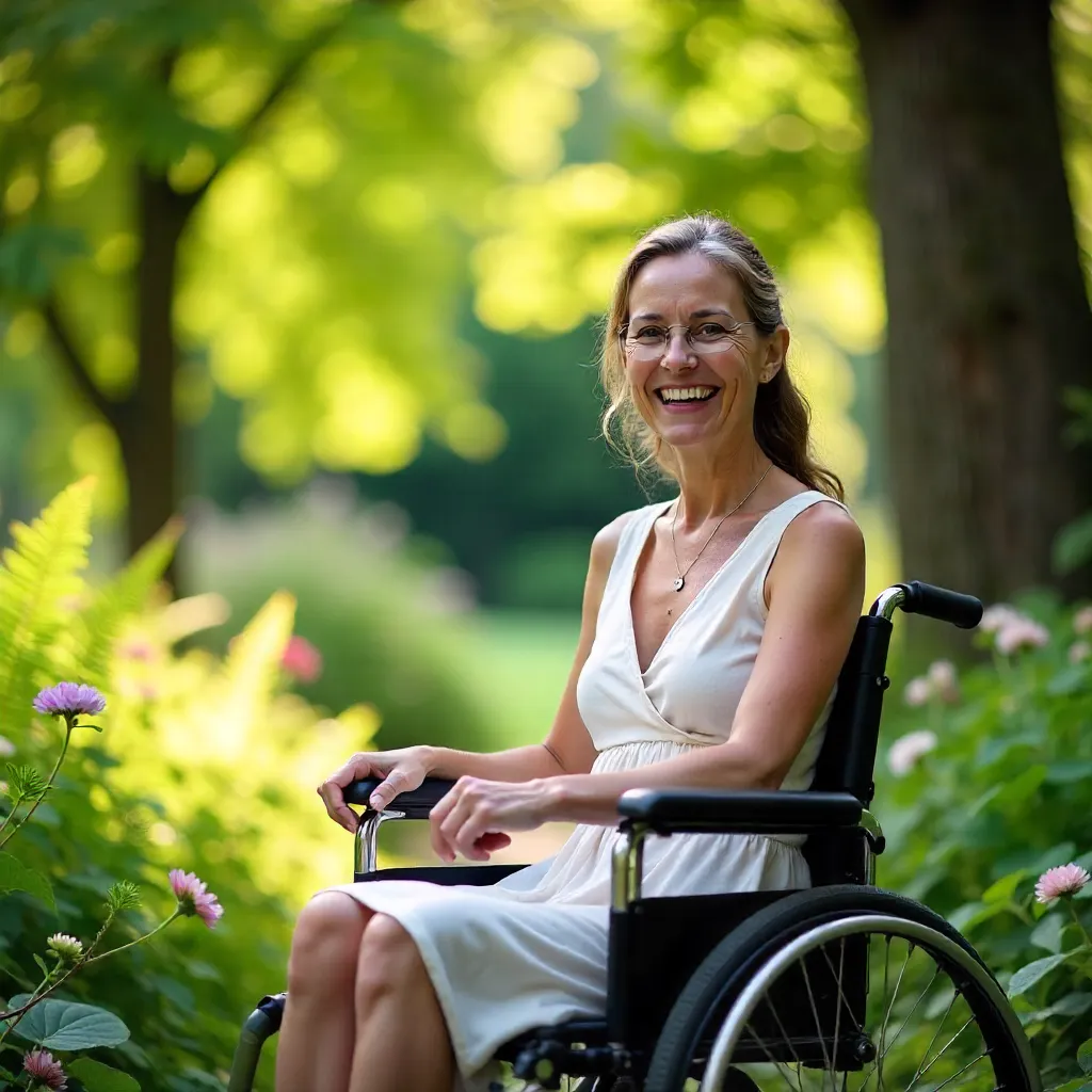 Joyful Moment: Woman in a Wheelchair in a Lush Garden