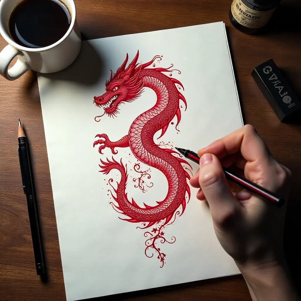 Top-Down Sketch: Red Dragon Tattoo Design