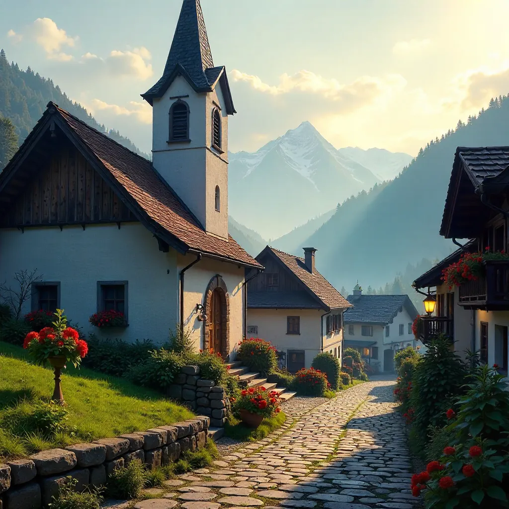 Alpine Village Dawn with Misty Hills
