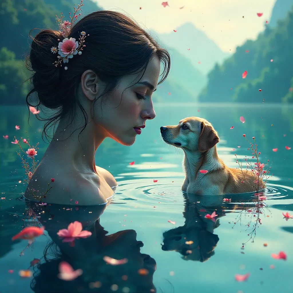 Surreal Water Reflections: Woman and Dog
