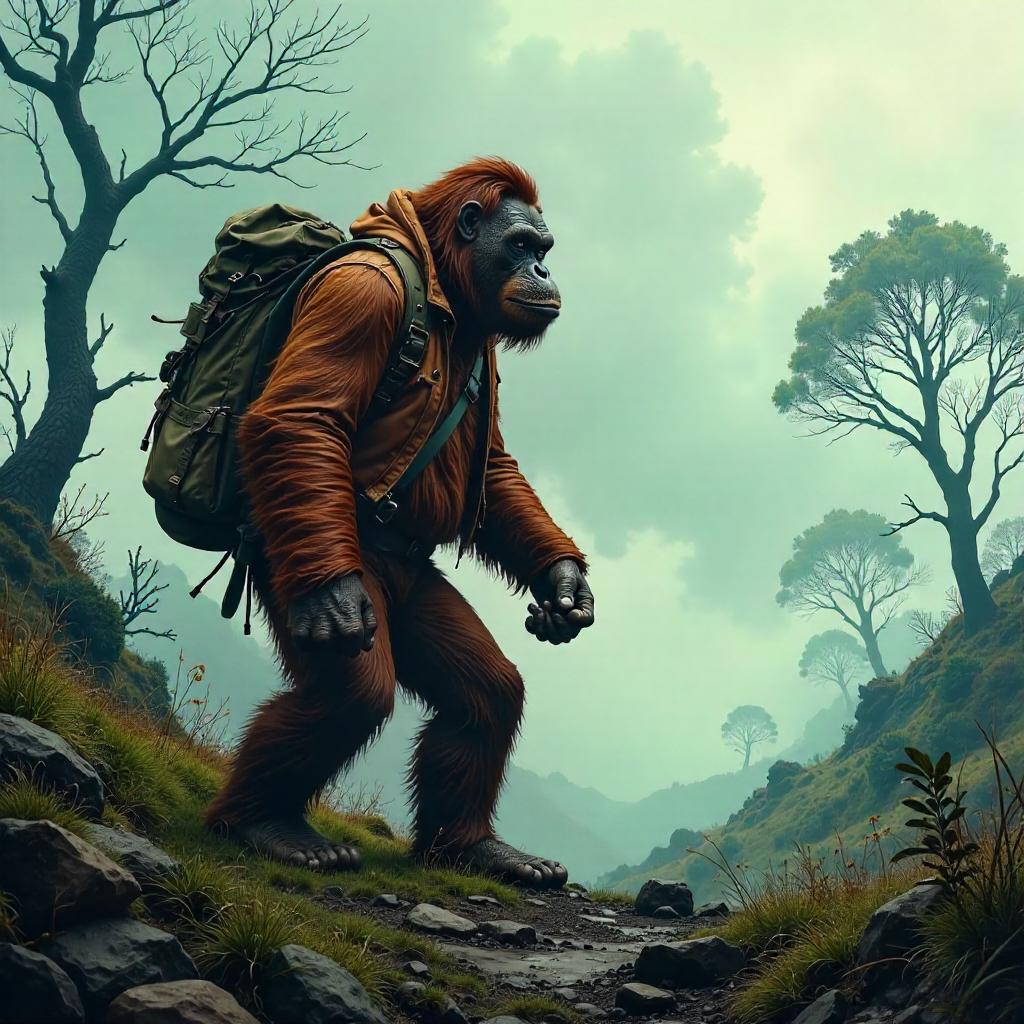 Orangutan Hero on a Foggy Moor