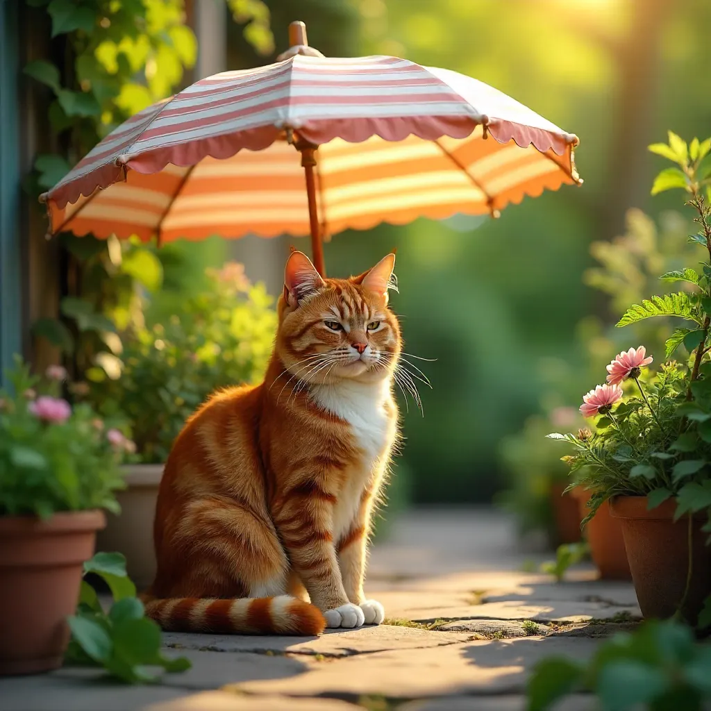 Ginger Cat Resting Under a Garden Umbrella