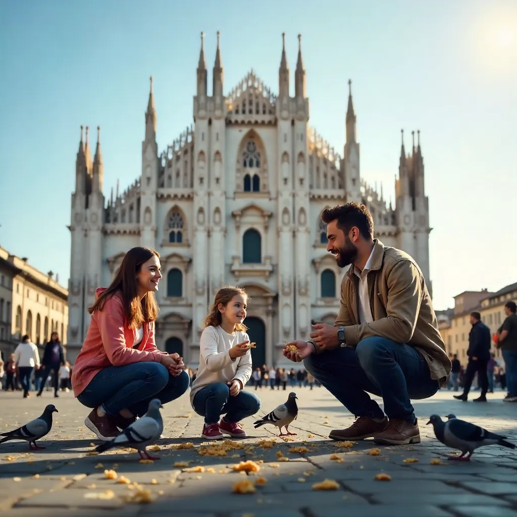 Family feeding pigeons at Milan's Duomo