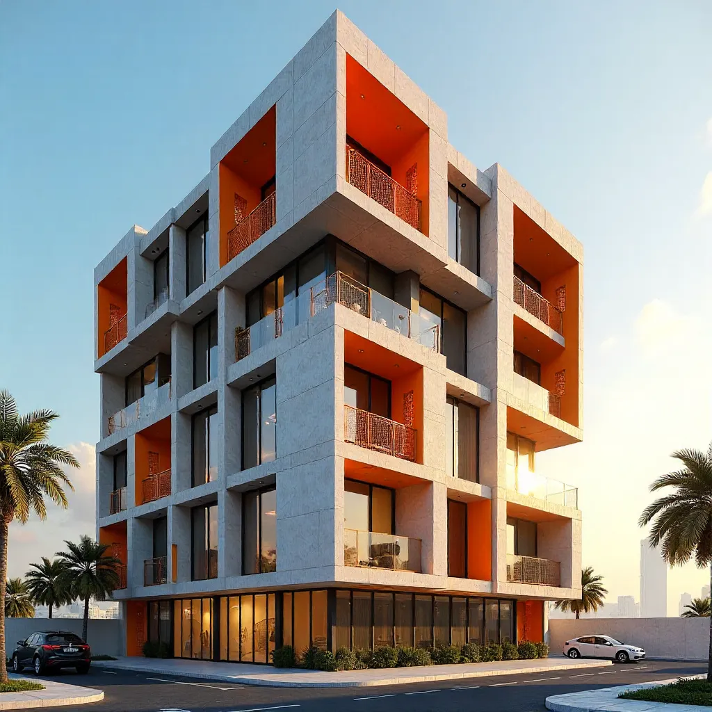 Striking Geometric Dubai Facade with Orange Accents
