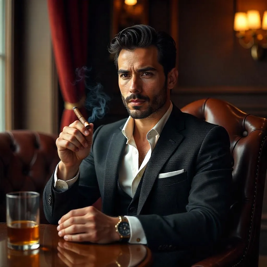 Photorealistic Portrait: Young Latino Man in a Cigar Lounge