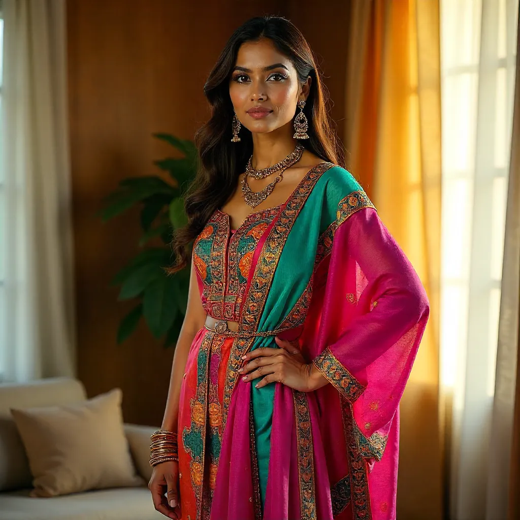 Confident Style in Colorful Traditional Attire Indoors