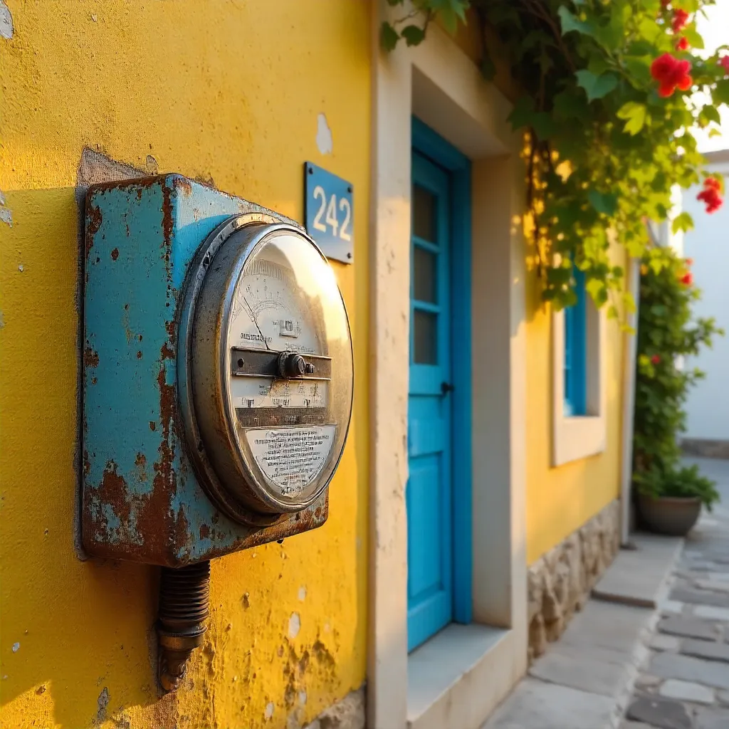 Vintage Meter on Yellow Wall in Keri, Greece