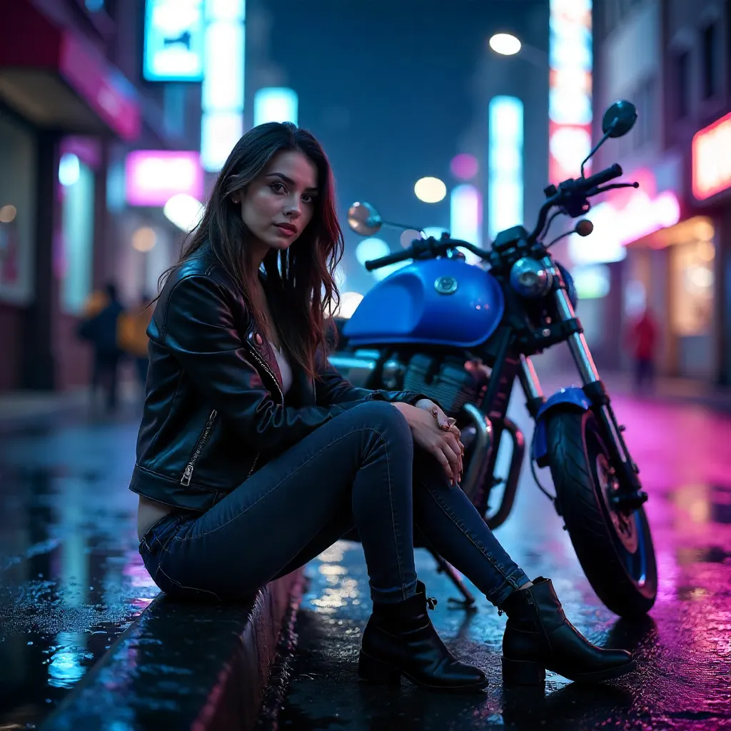 Night Vibes: Stylish Woman by a Blue Motorcycle