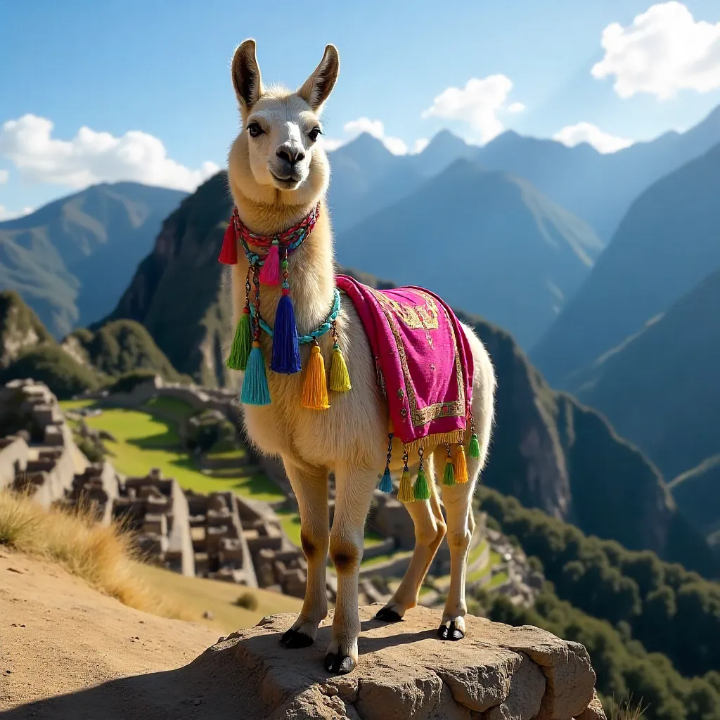 Vibrant Tassel-Adorned Llama near Cusco, Peru