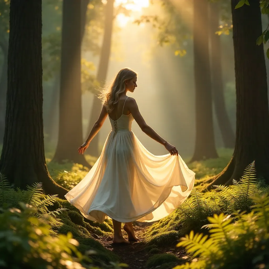 Sunlit Forest Serenade: White-Dress Dance