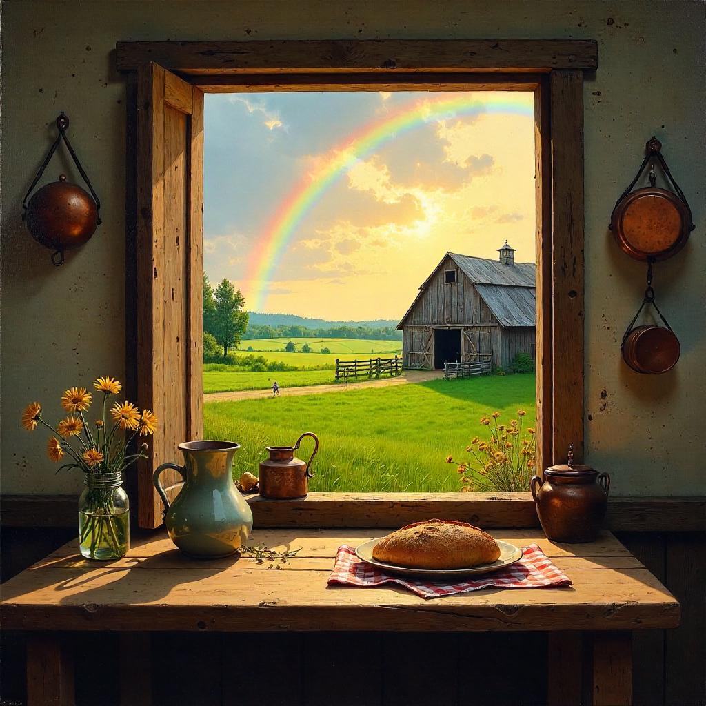 Rainbow over Rustic Farmhouse Oil Painting