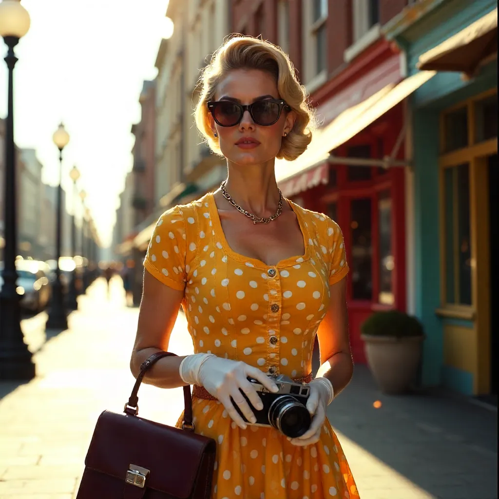 Retro-Chic Woman with Vintage Camera and Handbag