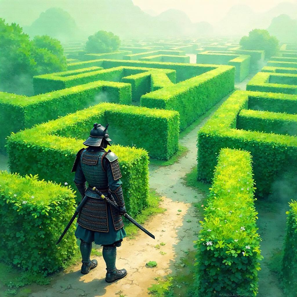 Watercolor Samurai Amid a Verdant Hedge Maze
