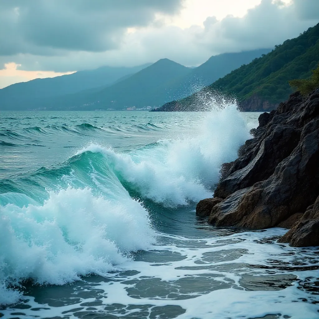 Mist-Kissed Hualien Coast: Waves and Mountain Backdrop