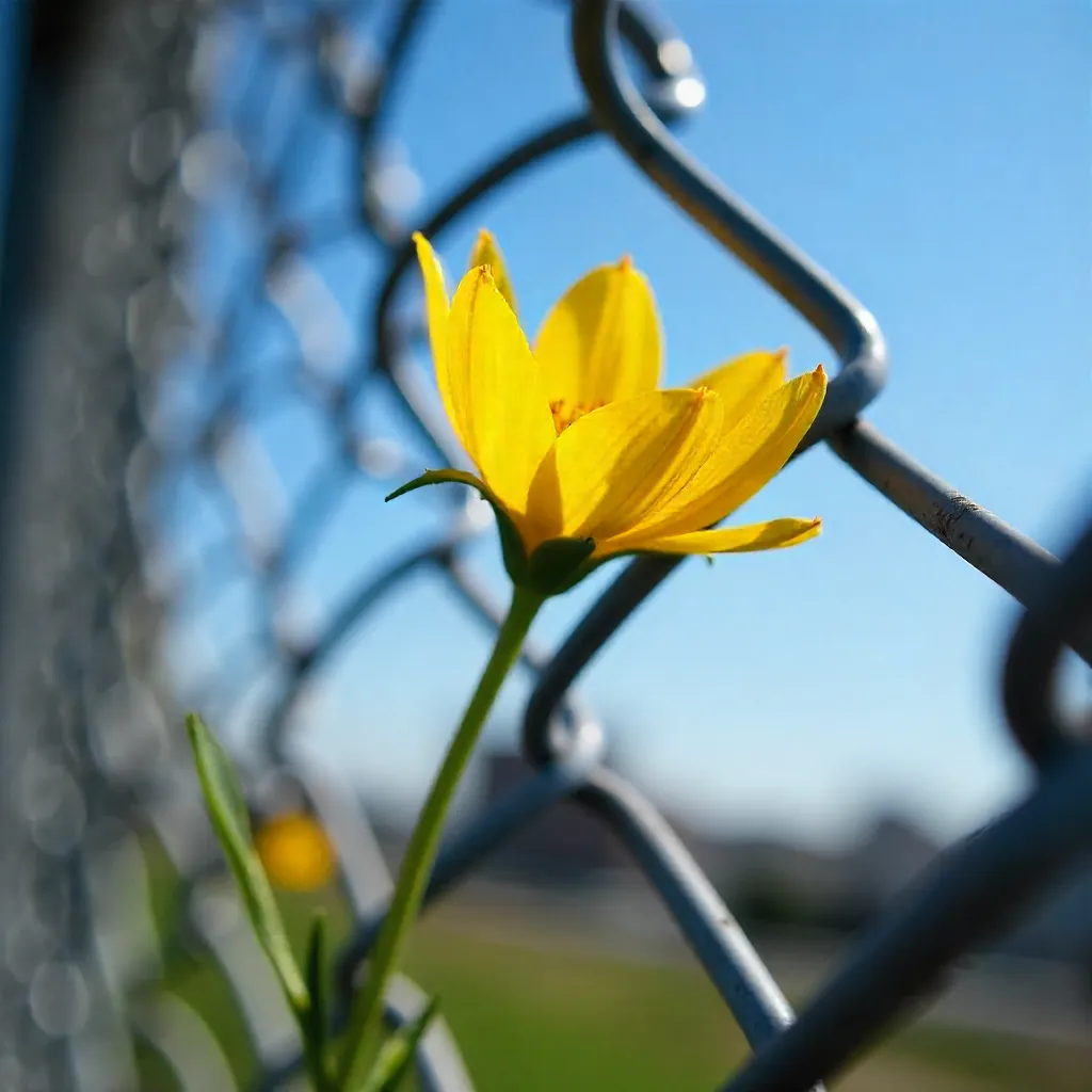 Bright Yellow Flower on a Chain Link Fence