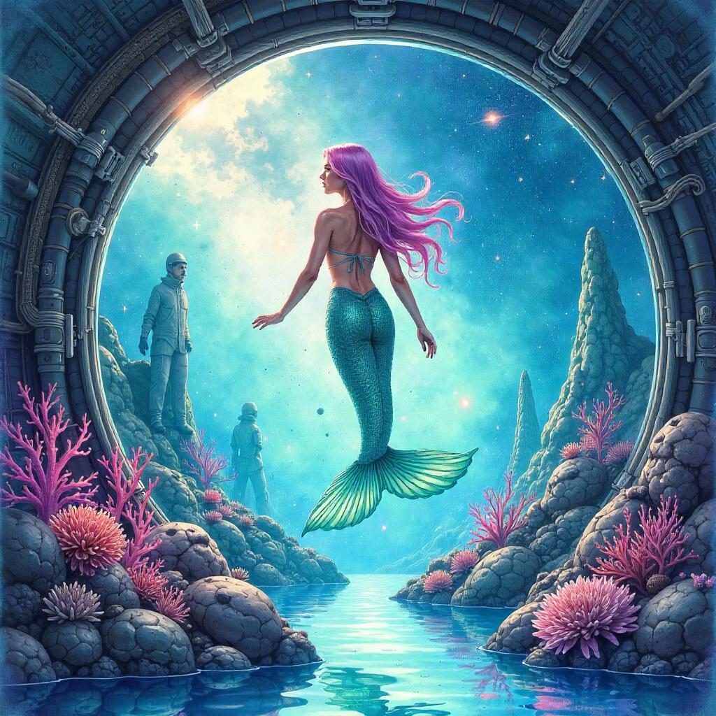 Mermaid in a Space Colony, Watercolor Dream
