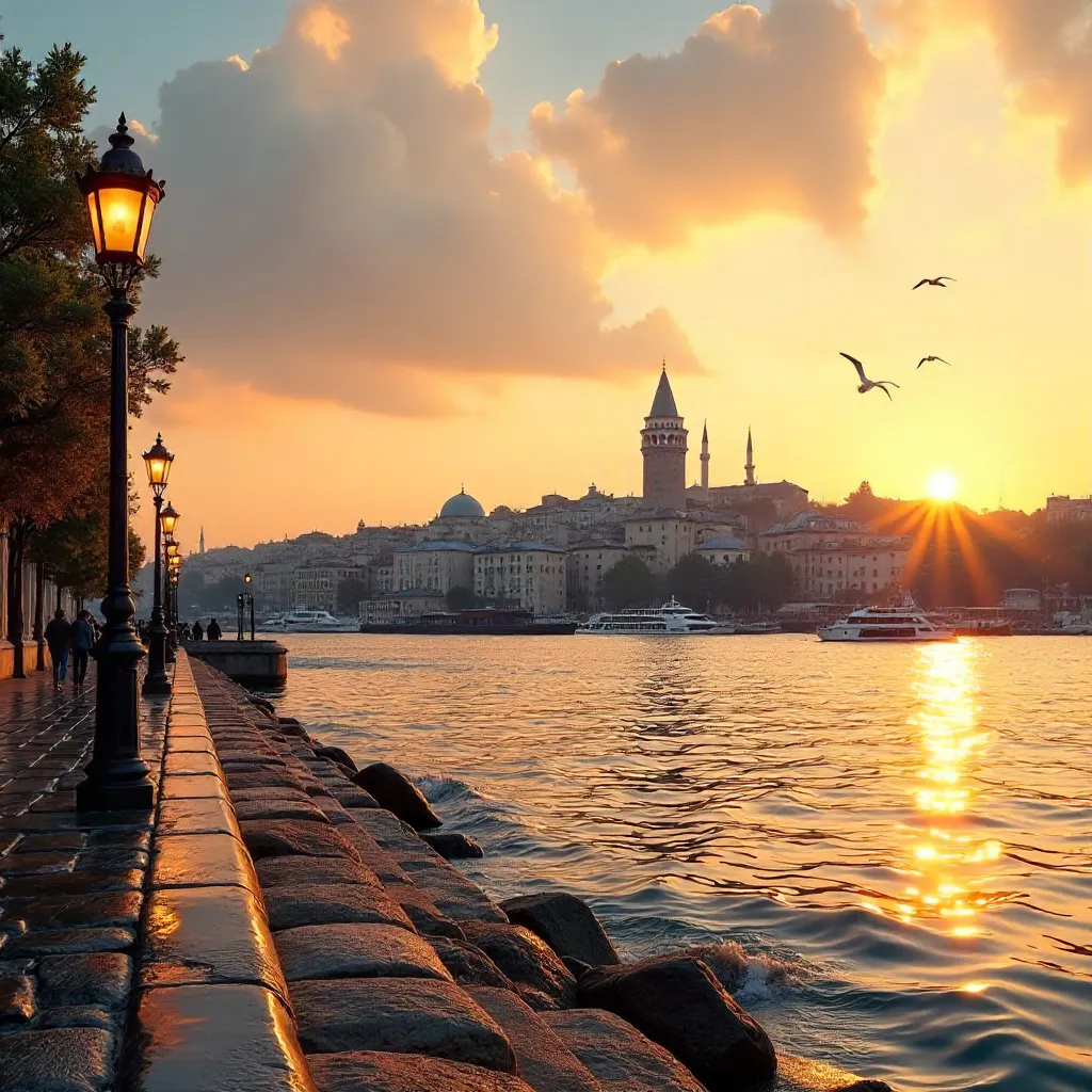 Golden Hour View: Galata Tower from Istanbul Waterfront