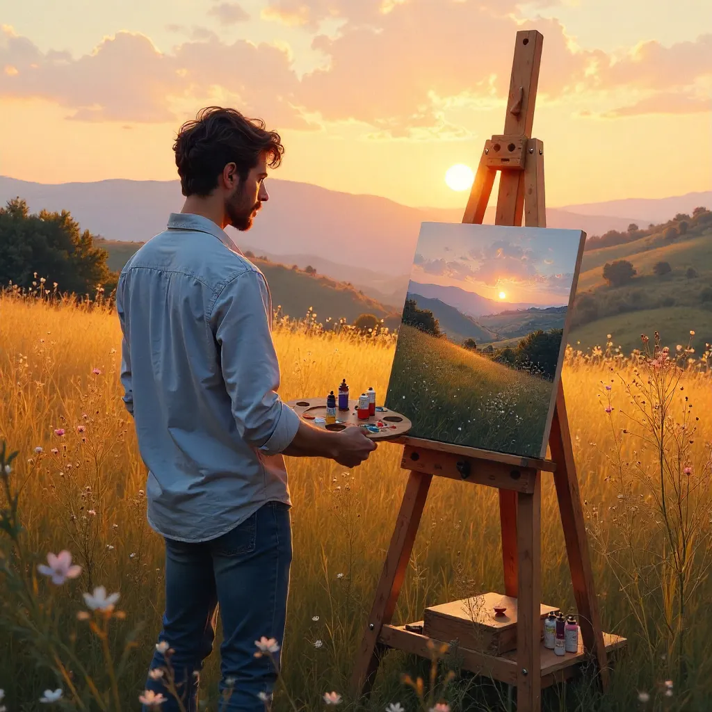 Sunset Field Painter in a Peaceful Landscape