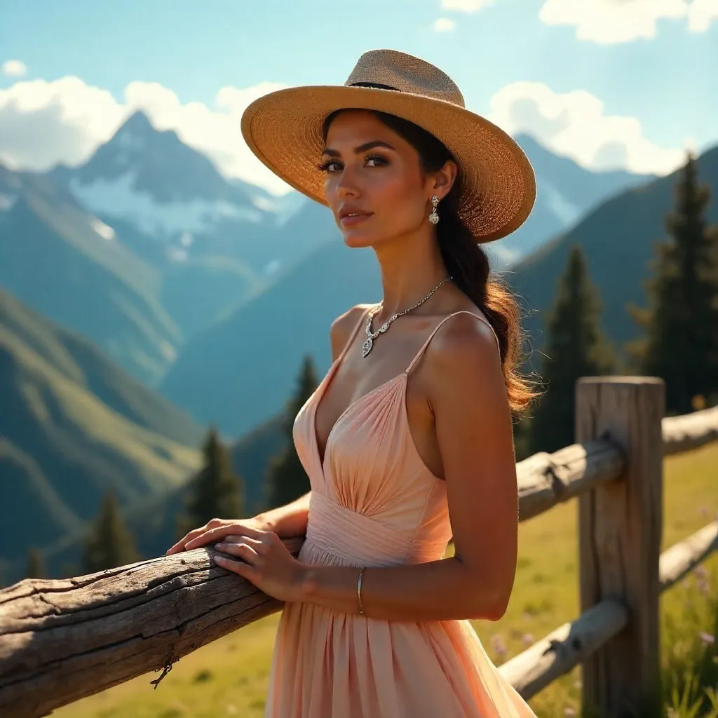 Elegant Hat-Wearing Woman by Mountain Fence