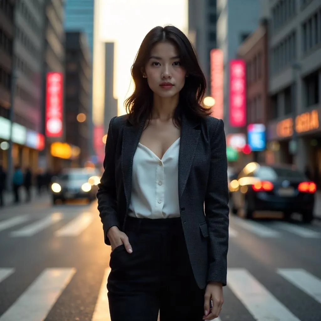 Confident Asian Woman in a Neon Cityscape