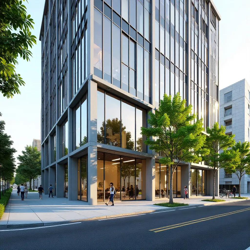Contemporary Office Facade in Urban Streetscape