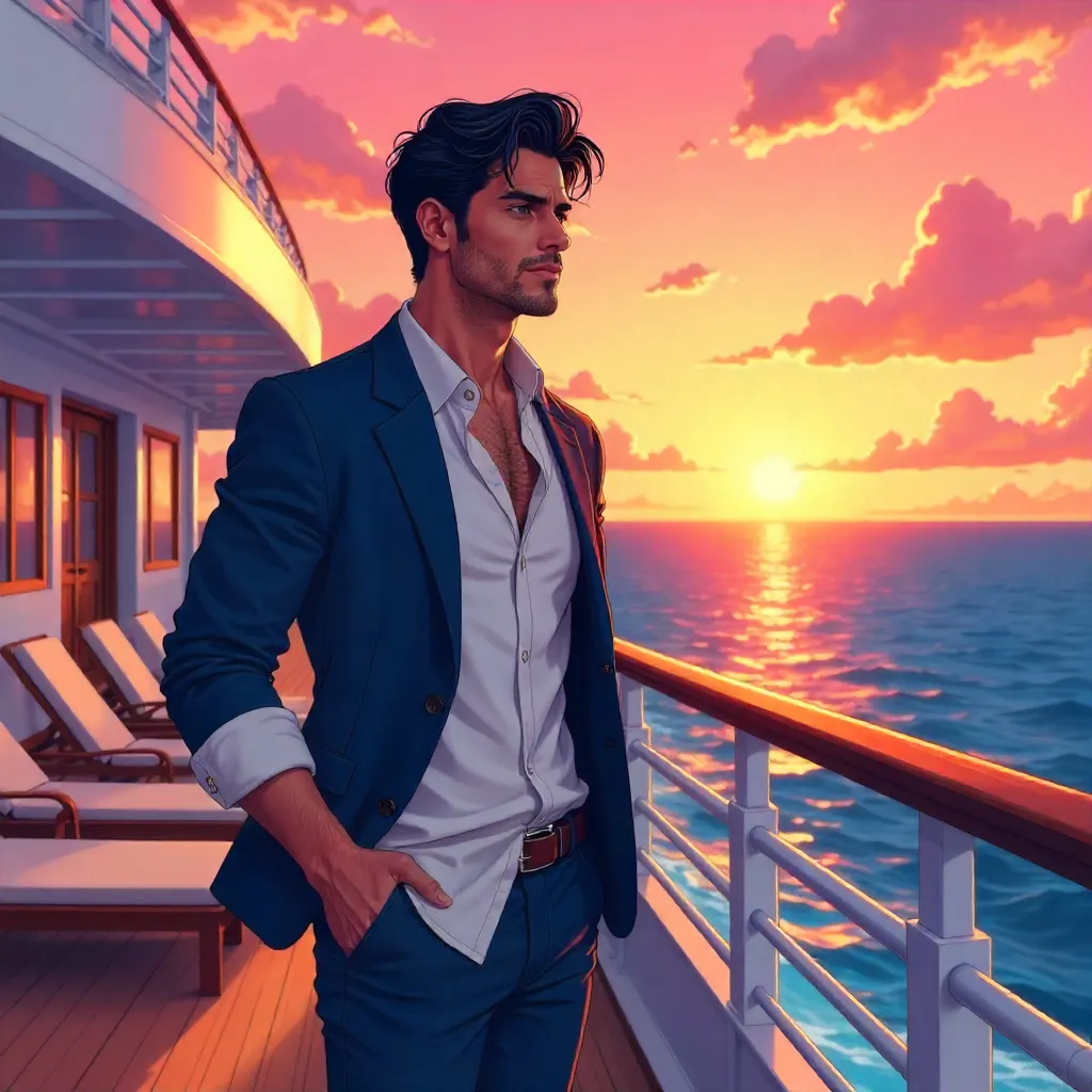 Anime Handsome Latino on a Cruise Ship at Sunset