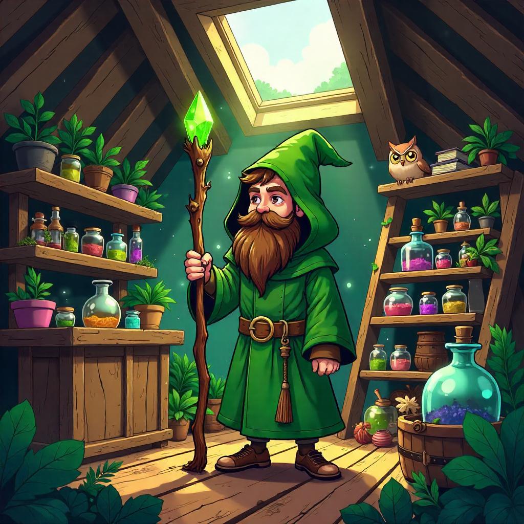 Playful Cartoon Druid in a Dusty Attic