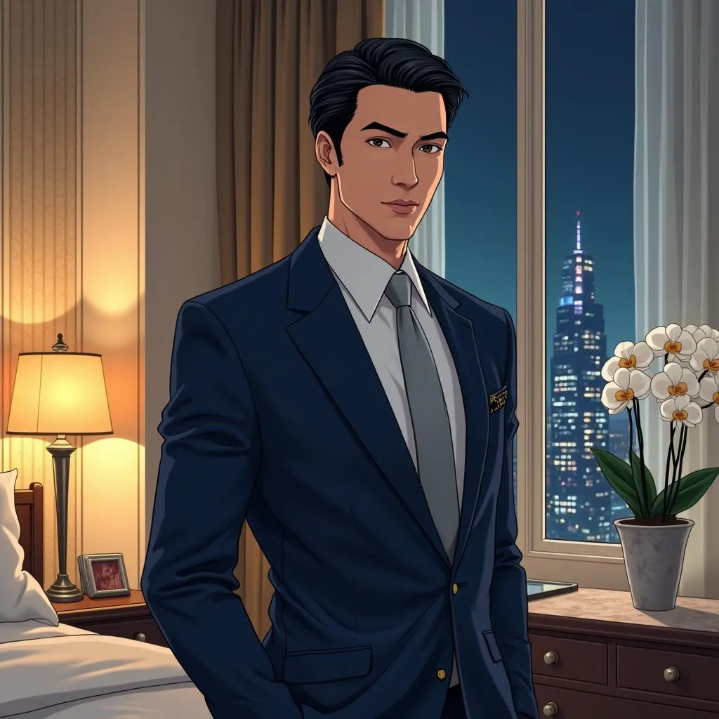 Elegant Asian Man in a Neon-Lit Hotel Suite - Anime Style