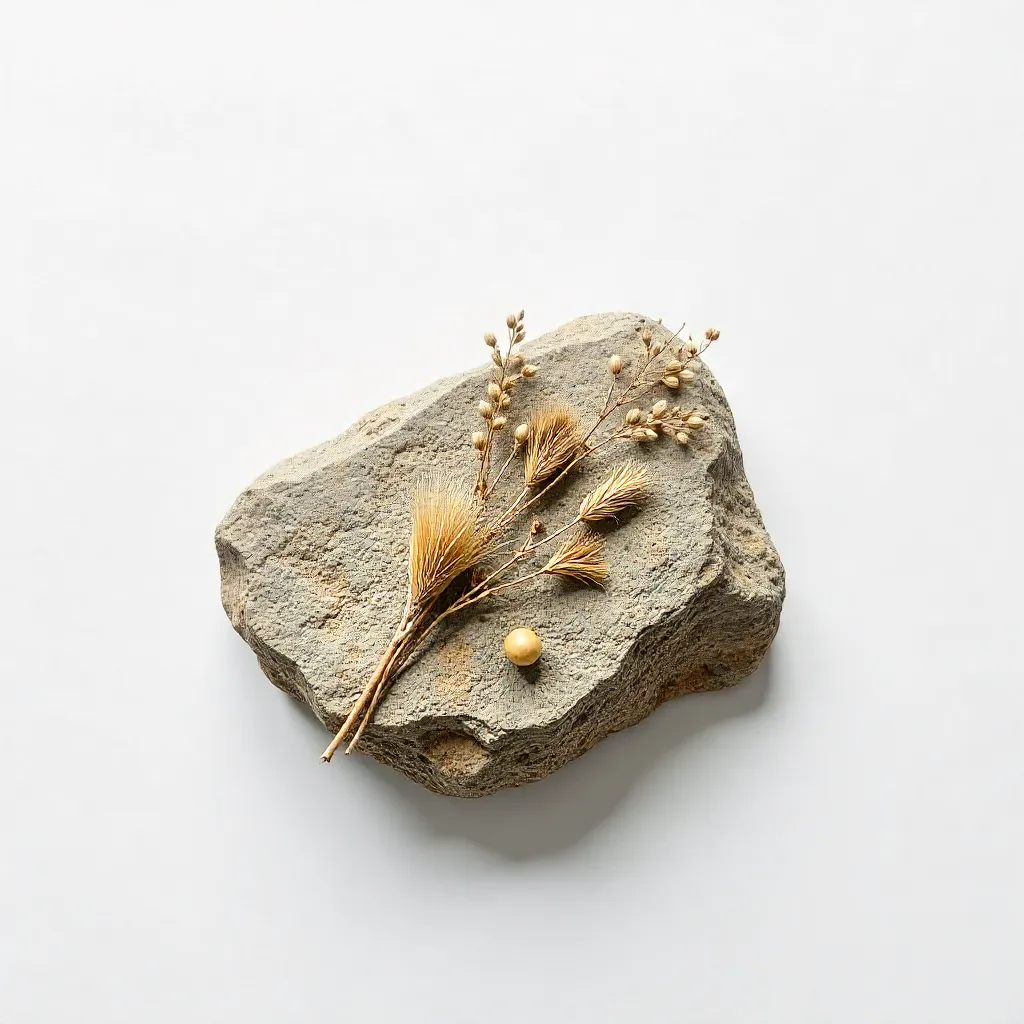 Minimalist Flat Lay: Rock with Dried Plants on White