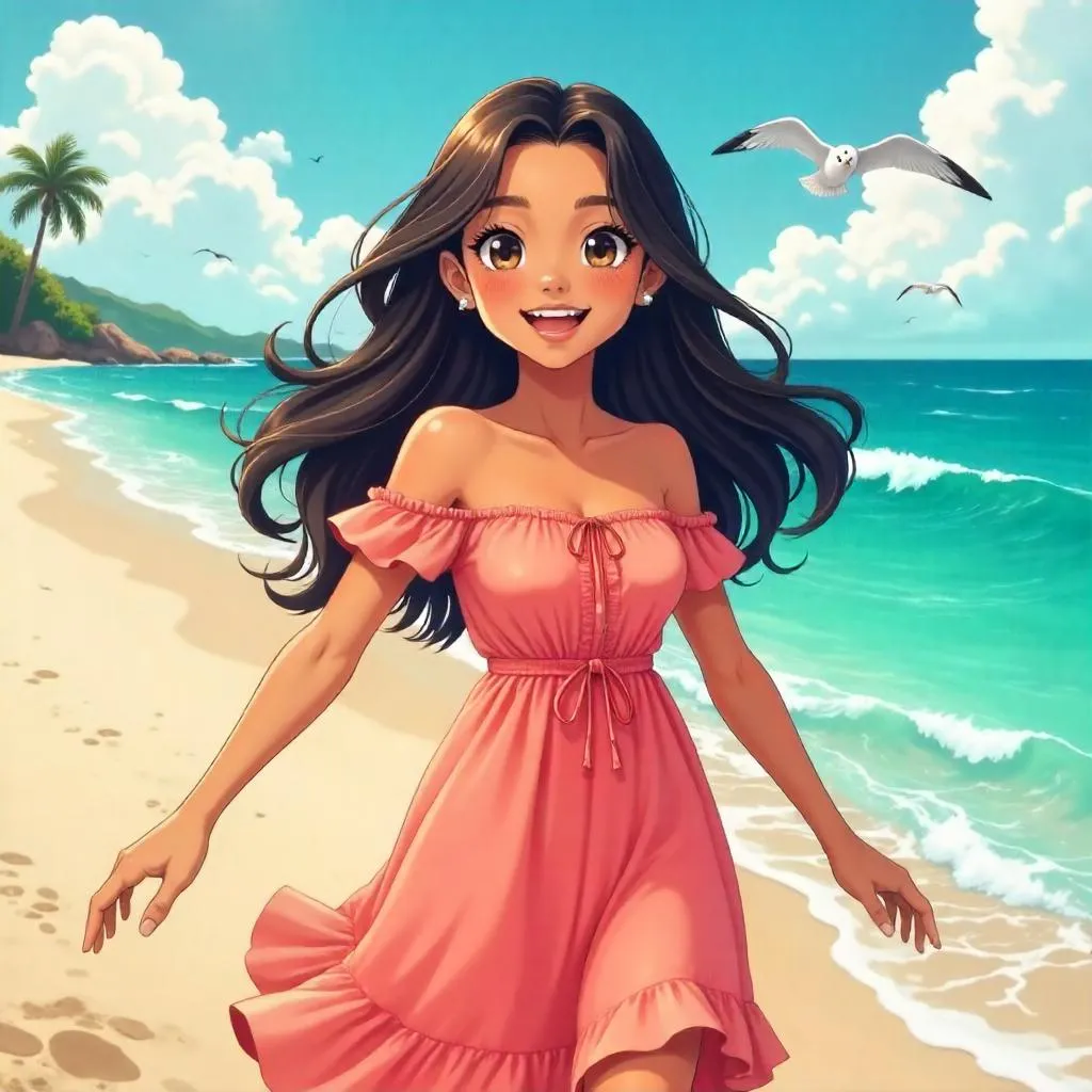 Cheerful Latina Girl by the Ocean - Anime Style