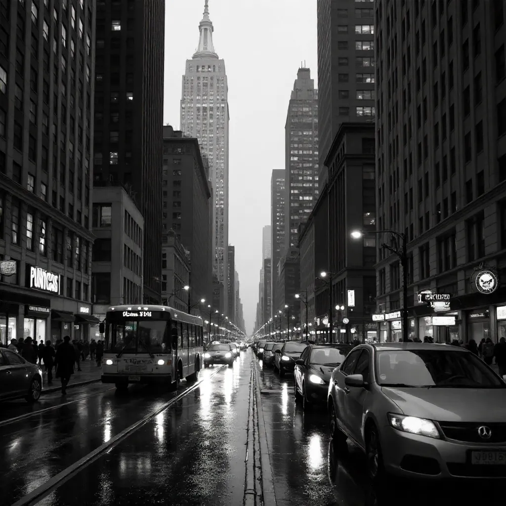 Monochrome Urban Pulse: Buses and Skyscrapers