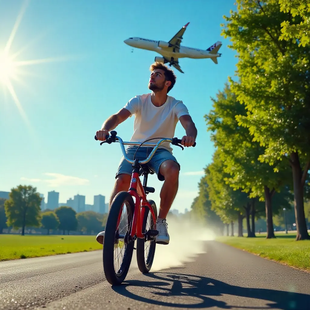 Sunlit BMX Rider Watches Plane Fly Overhead