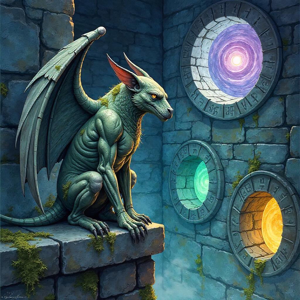 Gargoyle in a Watercolor Portal Chamber