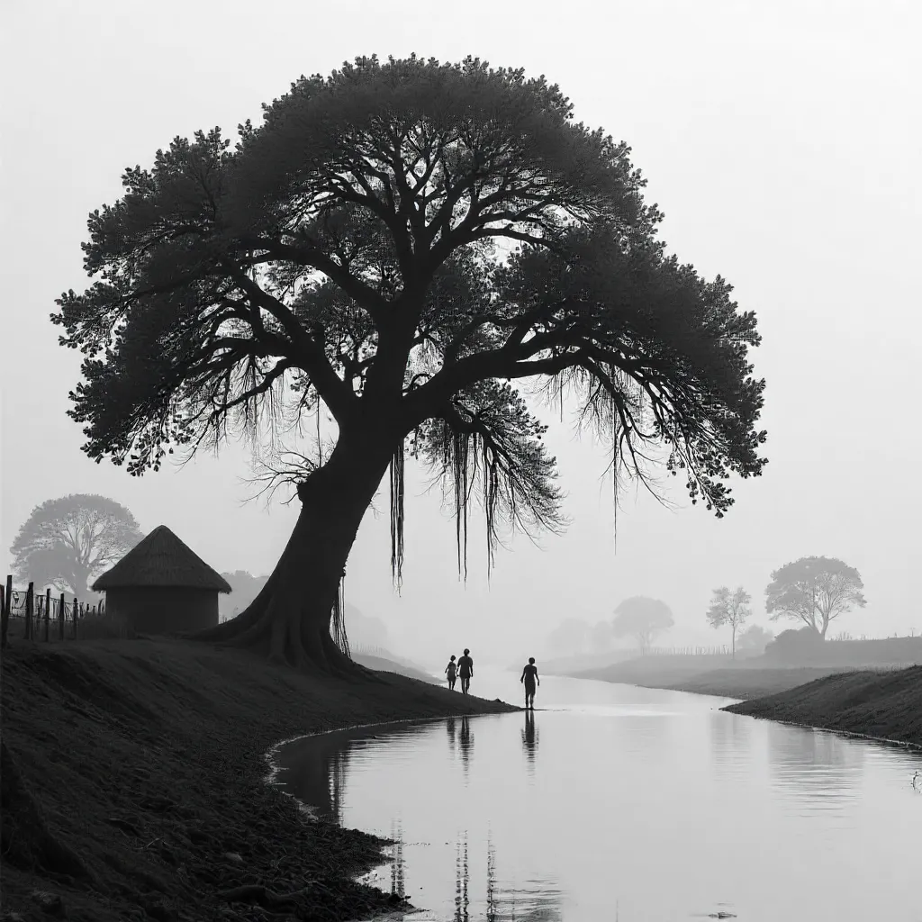 Monochrome Solitude: Banyan Tree and Quiet Village