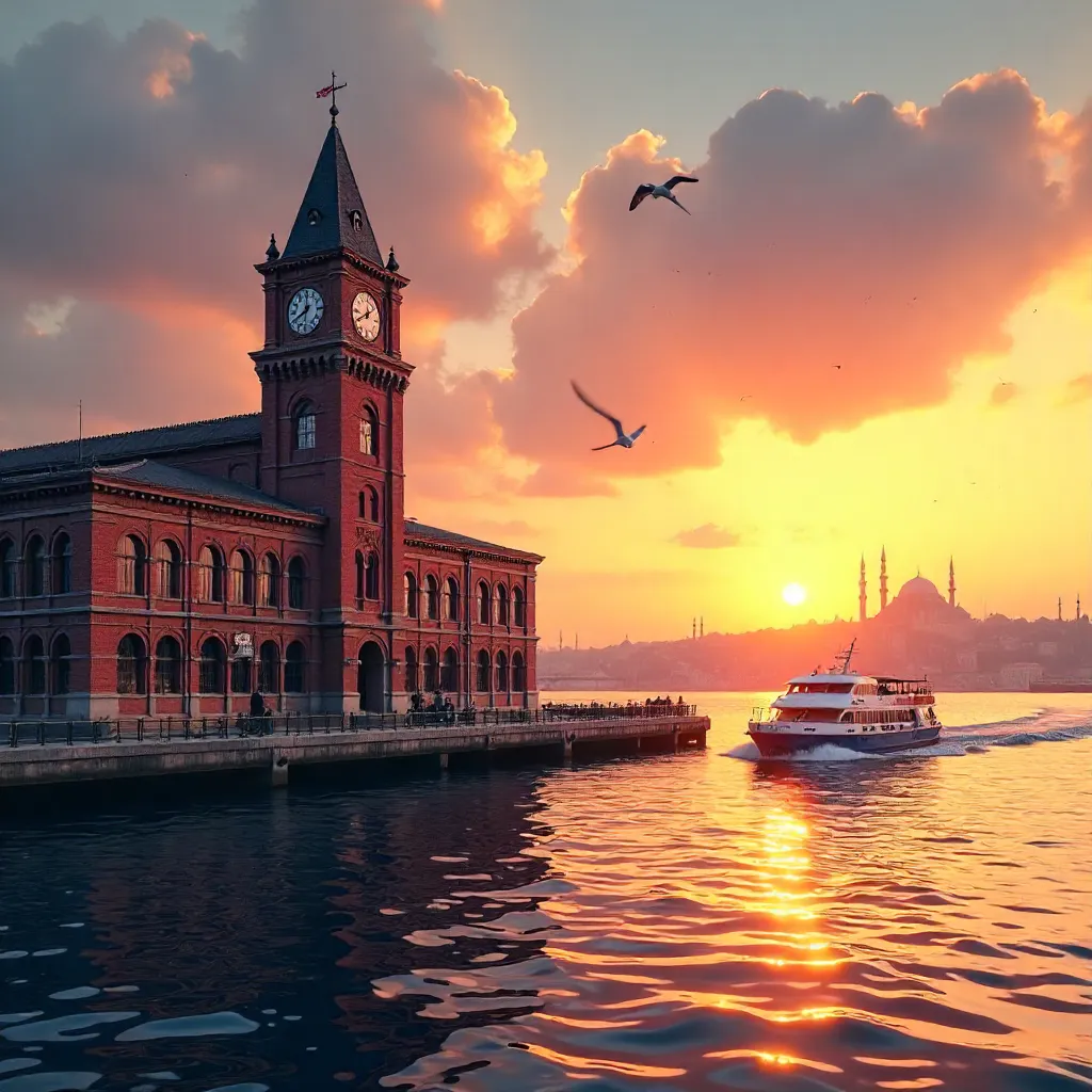 Sunset Over Haydarpaşa Terminal and Bosphorus Ferry