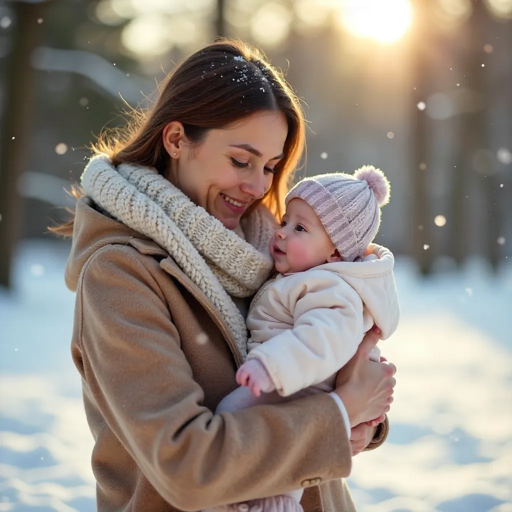 Heartwarming Winter Embrace: Mother and Baby in Snow