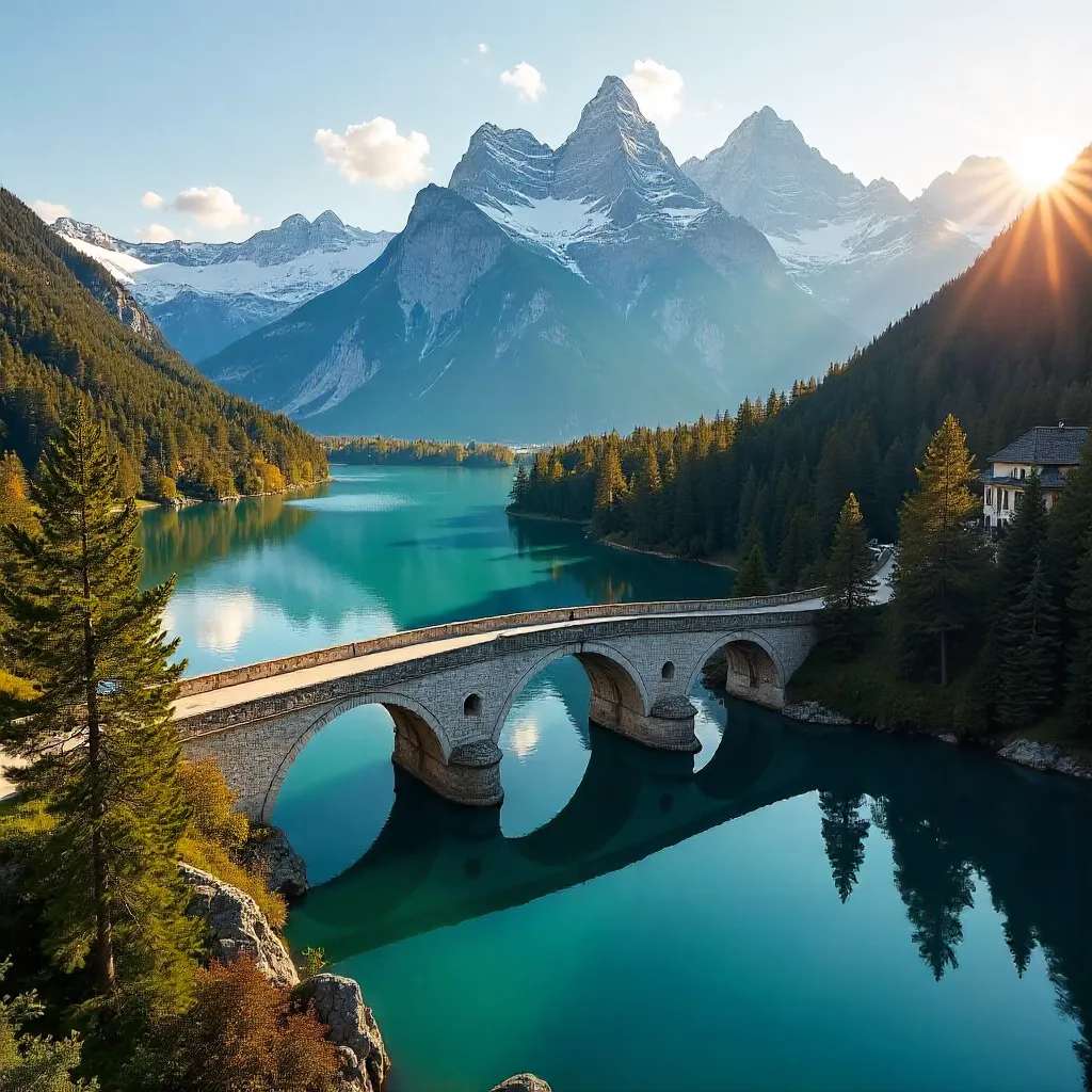 Aerial Bavarian Alpine Lake Bridge Over Crystal Waters