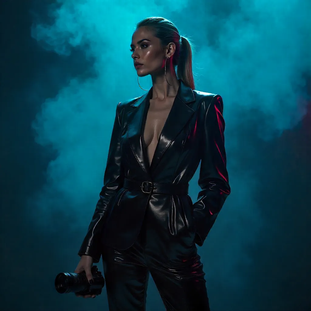 Blue-Hued Leather Muse with a Camcorder