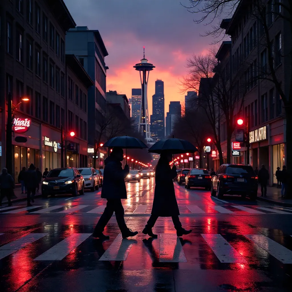 Dusk Silhouettes Crossing a Seattle Crosswalk