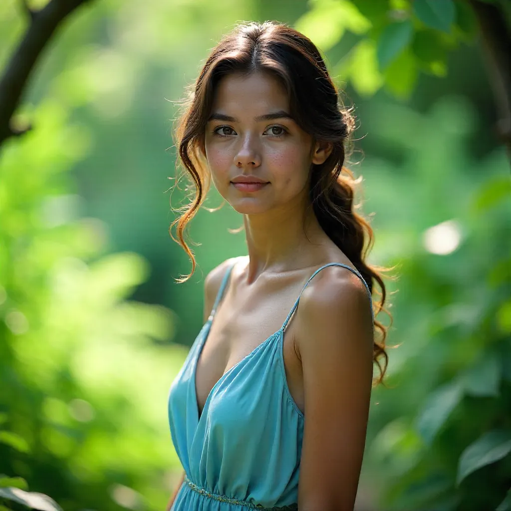Serene Portrait of a Young Woman in a Light Blue Dress Amid Greenery