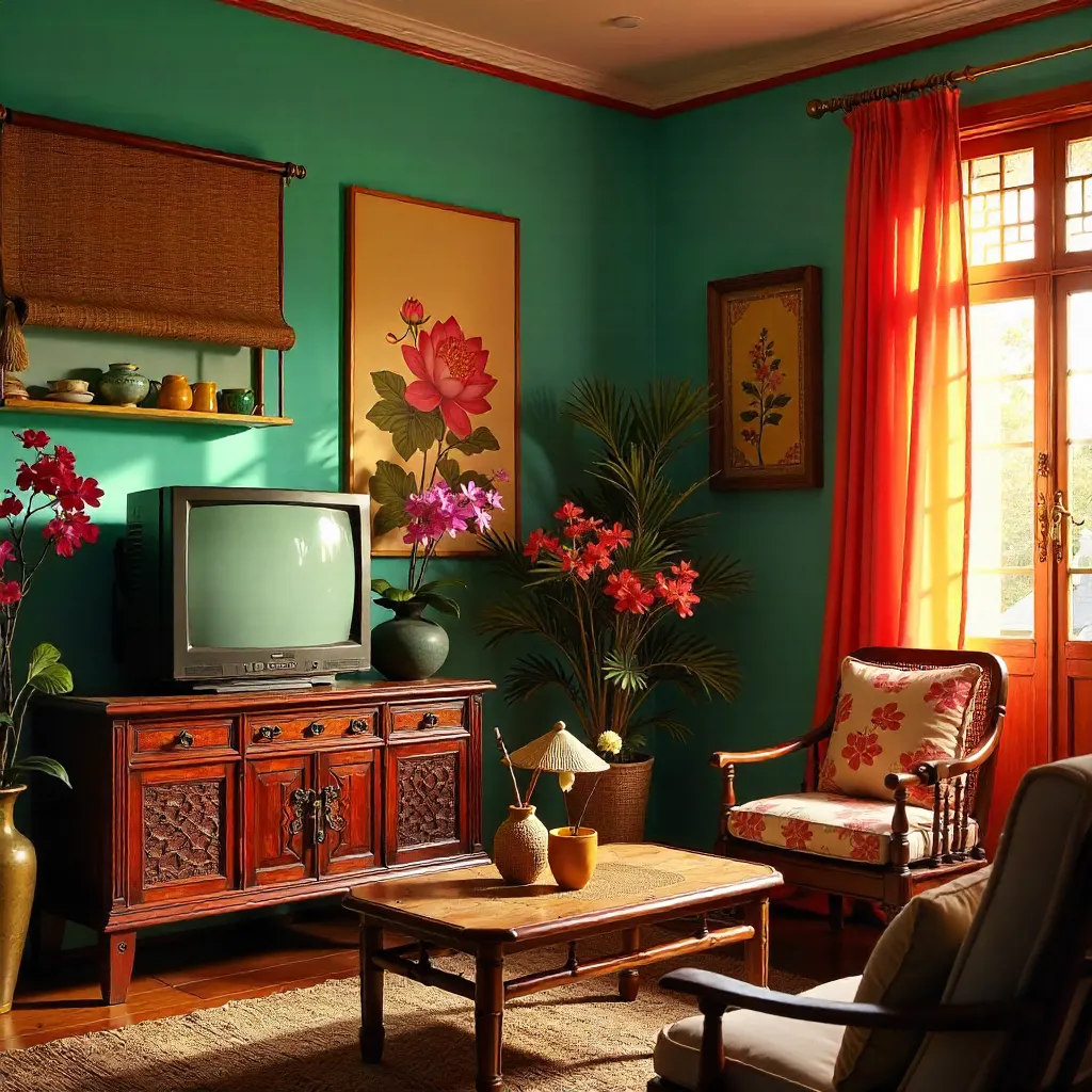 Colorful Vietnamese Vintage Interior with TV and Flowers