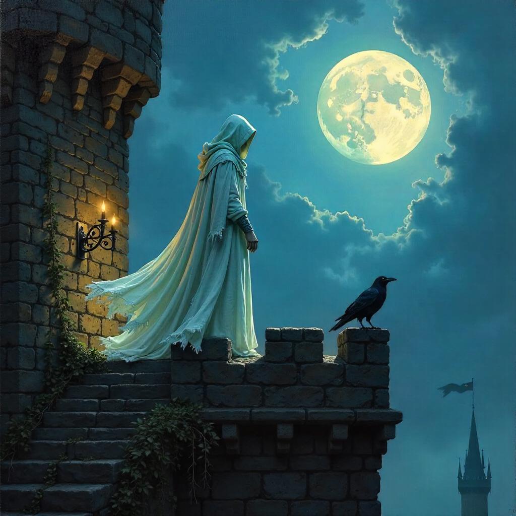 Wraith on Castle Battlements: An Oil Painting