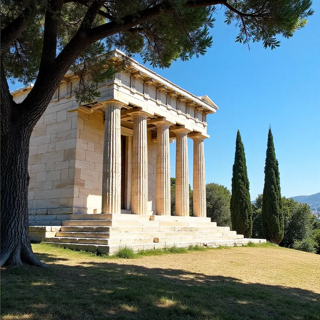 Ancient Greek Temple Amid Olive Groves in Athens
