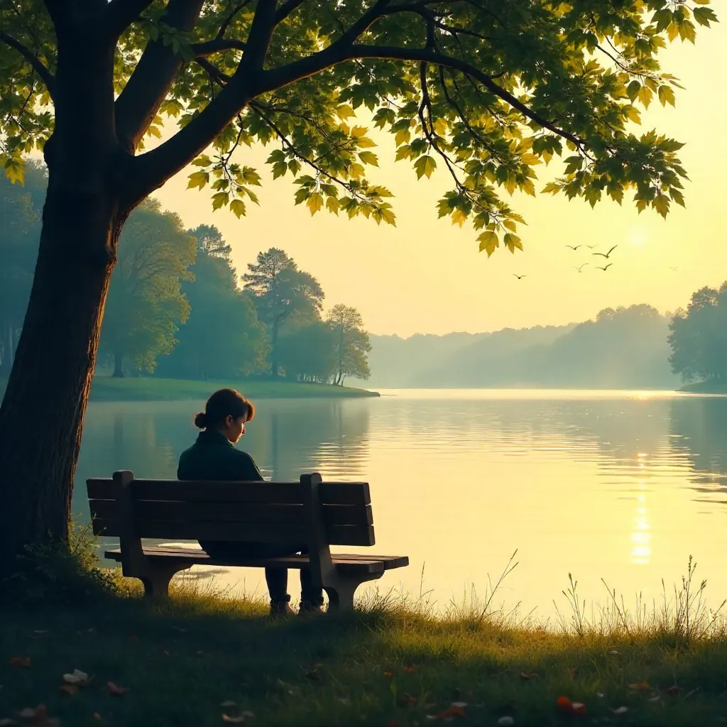Silhouette on a tranquil lakeside bench under trees