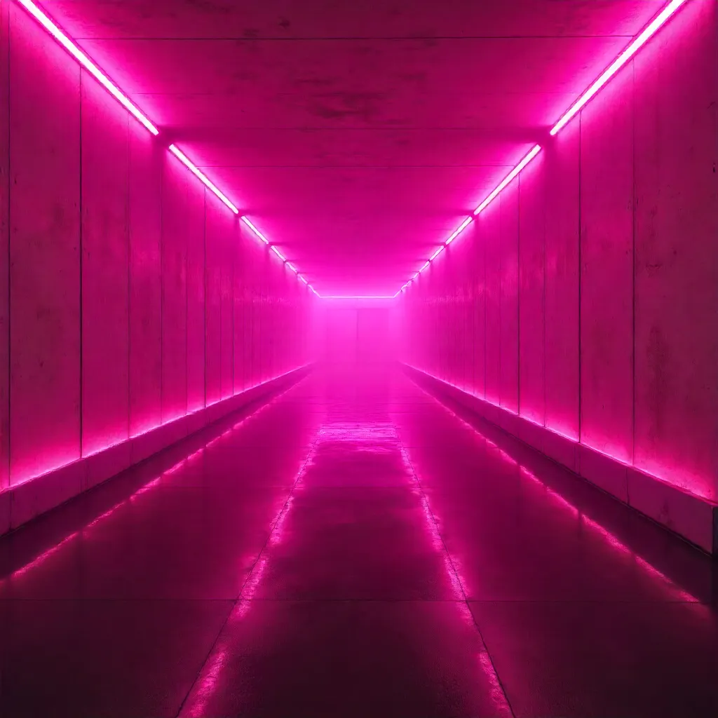 Moody Pink Neon Corridor with Reflective Floor
