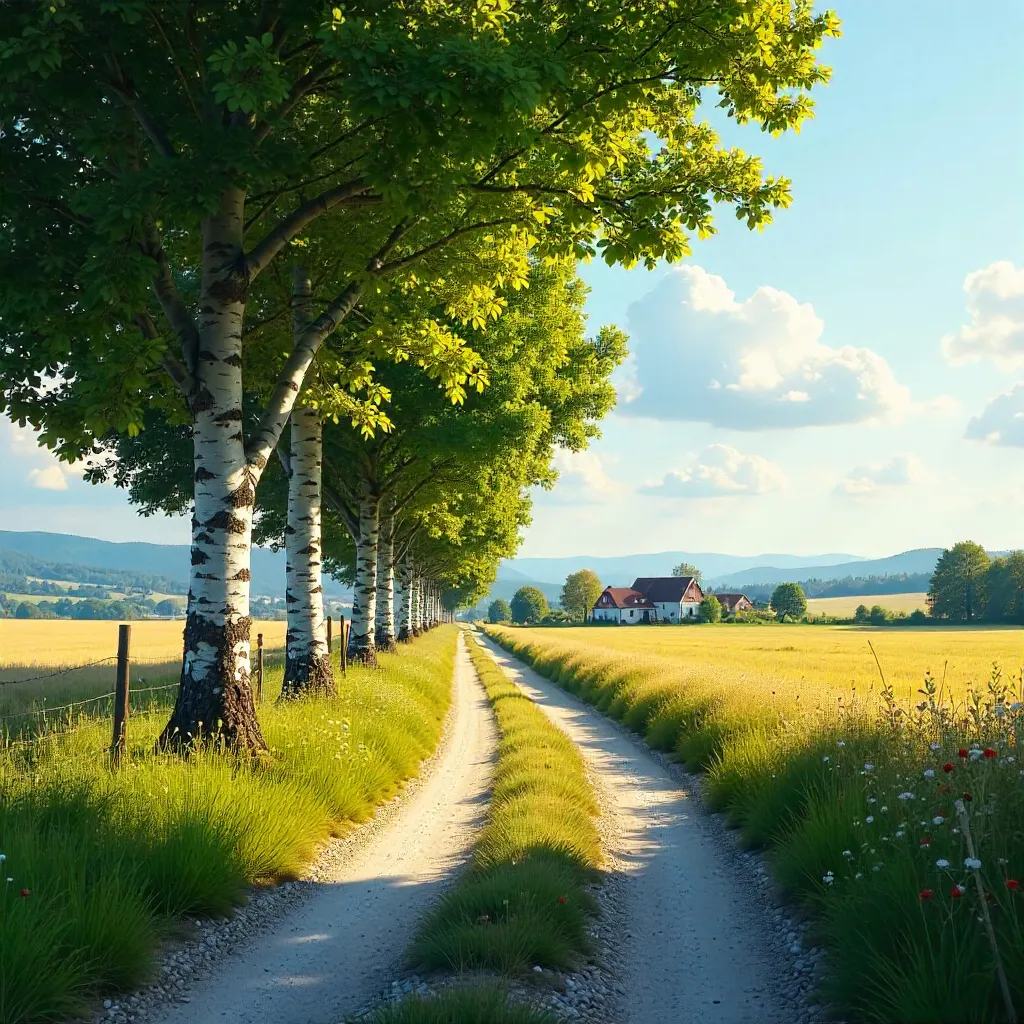 Birch-Lined Rural Lane to the Horizon