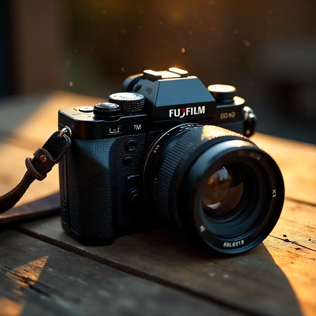 Close-up of Fujifilm X-T5 on Rustic Wood Table